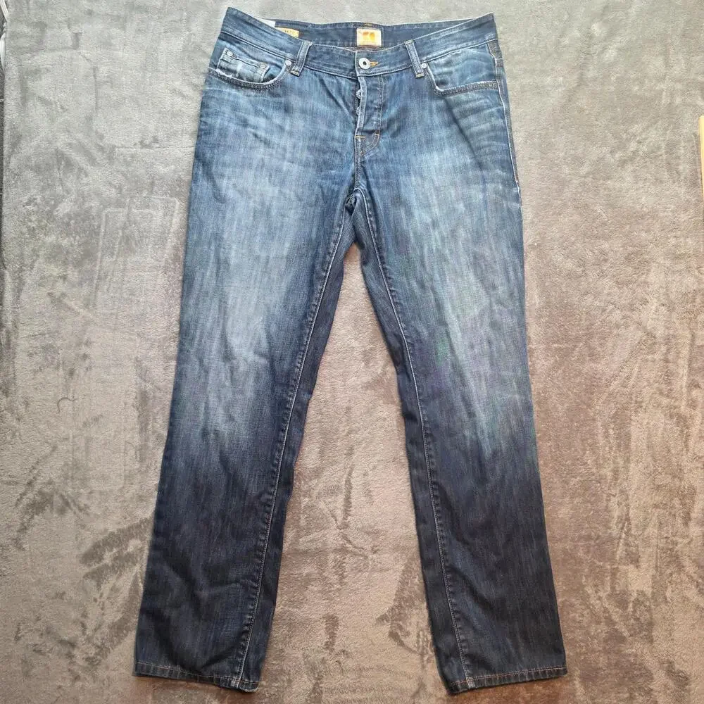 BOSS Orange Jeans Mens 36x32 Blue Medium Wash Button Fly Regular Straight Leg